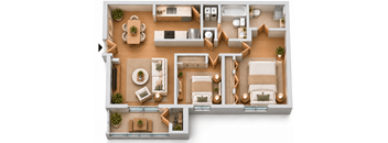 A top-down view of a house layout with multiple rooms and furniture.