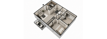 A 3D floor plan of a house with a kitchen, living room, and bathroom.
