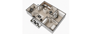A 3D floor plan of a house with a kitchen, living room, and bathroom.