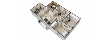 A 3D floor plan of a house with a kitchen, living room, and two bedrooms.