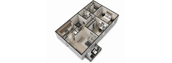 A 3D floor plan of a house with a kitchen, living room, and two bedrooms.