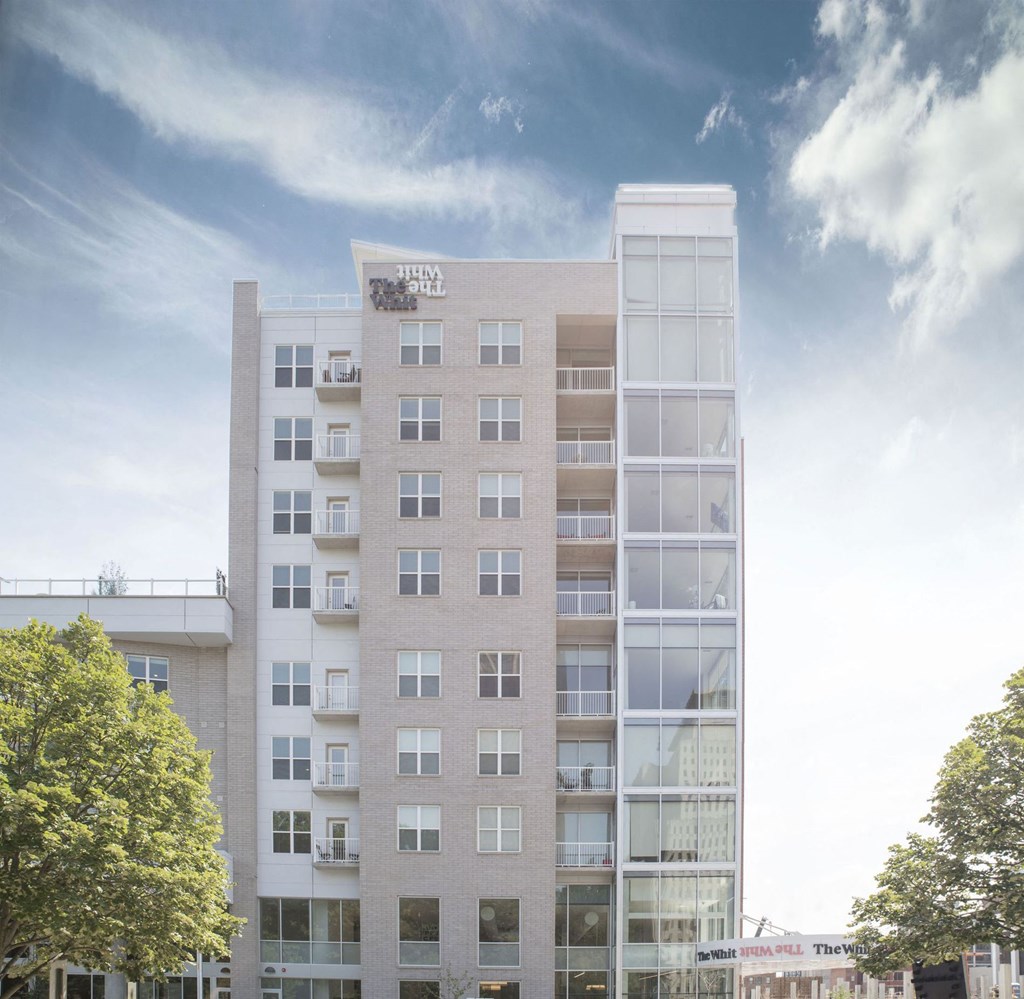 Building exterior view with skylineat The Whit Apartments, Indiana