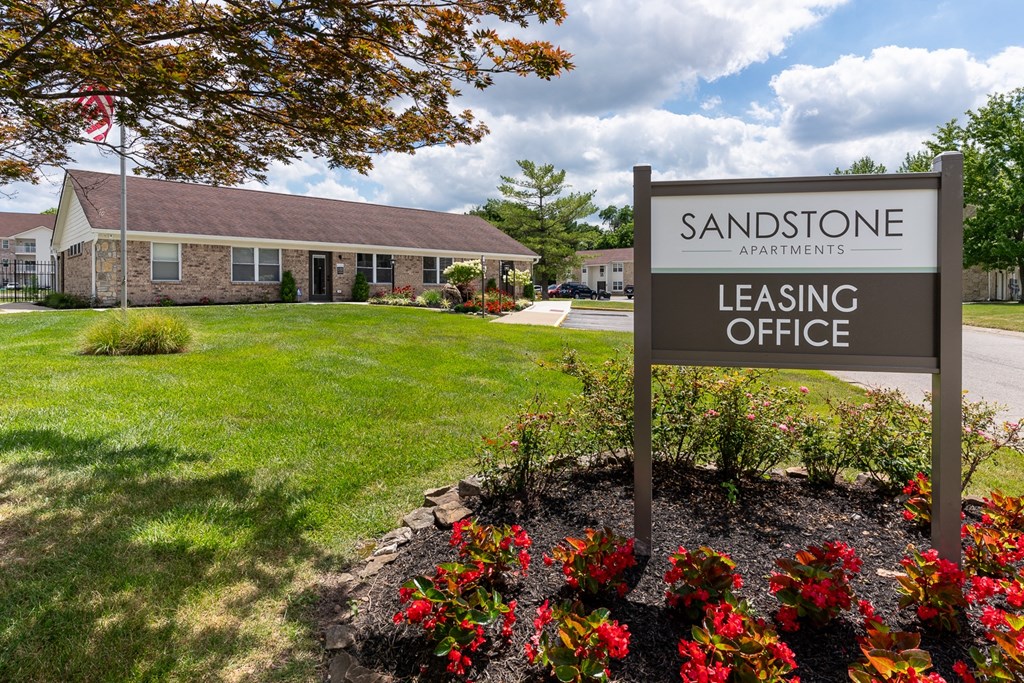 Leasing Office Signage at The Court at Sandstone Apartments, Greenwood, Indiana