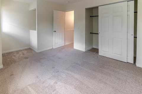 A bright bedroom with a spacious closet and a carpeted floor at Arbor Pointe Townhomes Apartments, Michigan, 49037