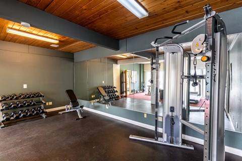 A gym with weights and a variety of exercise equipment at Arbor Pointe Townhomes Apartments, Battle Creek, MI