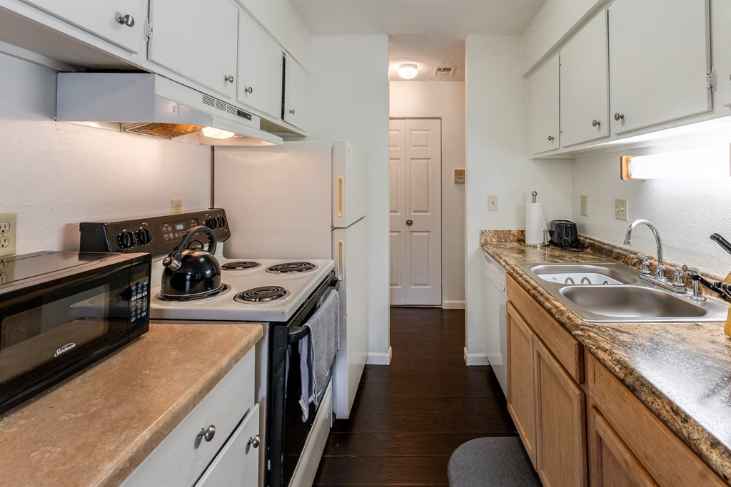 a kitchen with a stove and sink and a refrigerator
