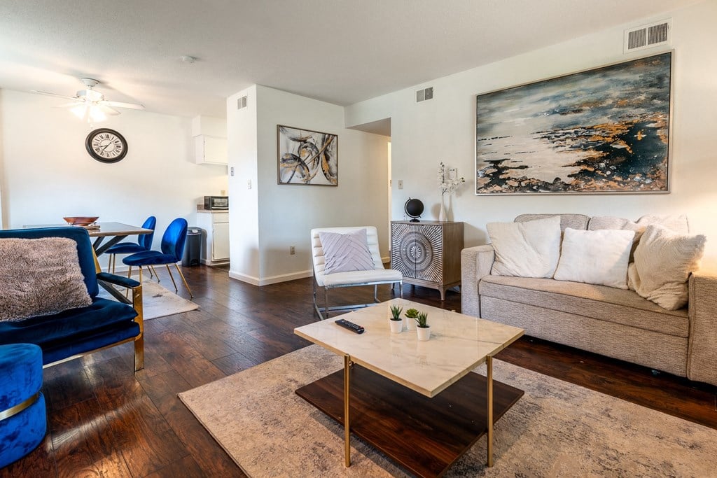 a living room with a couch and a coffee table