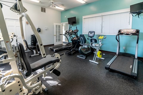 a gym with cardio equipment and weights on the floor at Creekside at Meadowbrook Apartments, Lowell