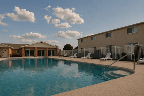 A swimming pool surrounded by chairs and buildings.
