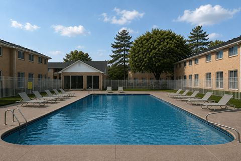 A large swimming pool in front of a building with a covered area and lounge chairs.