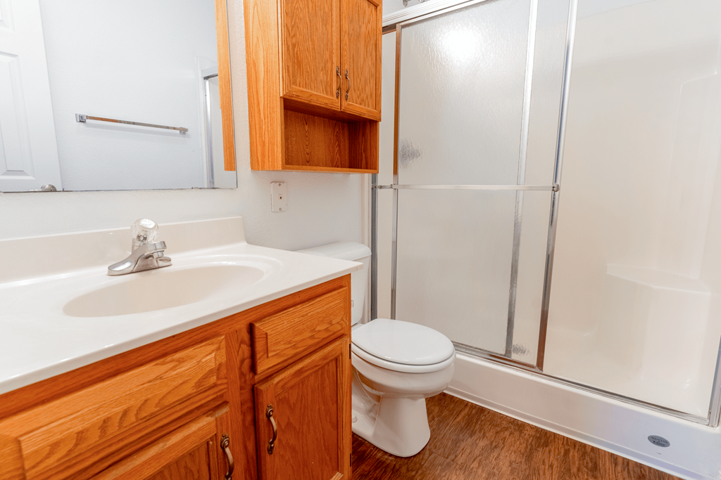 a bathroom with a sink toilet and shower