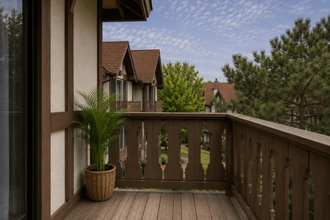 A balcony with a potted plant and a view of a house and trees.
