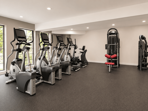 A gym with a row of treadmills and elliptical machines.