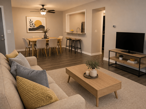 A living room with a grey couch, a wooden coffee table, and a painting on the wall.
