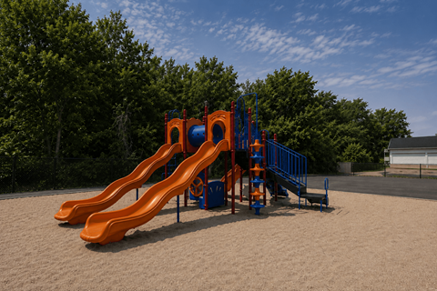 A playground with a slide and a blue railing.