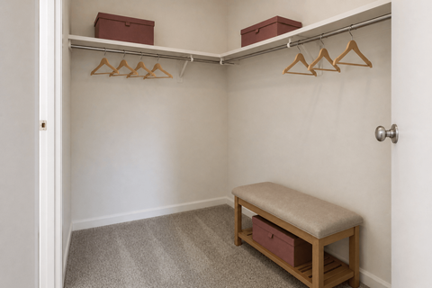 A small closet with a bench and hangers.