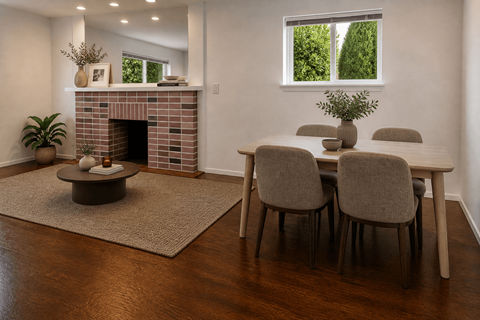 A living room with a fireplace and a dining table.