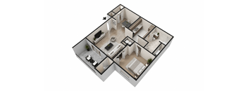 A 3D floor plan of a house with a kitchen, living room, and two bedrooms.