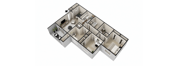 A 3D floor plan of a multi-room apartment.