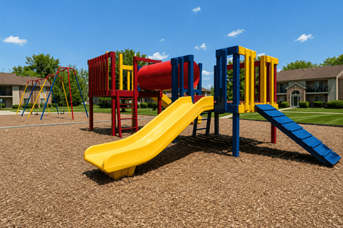A playground with a yellow slide and red and blue play structures.
