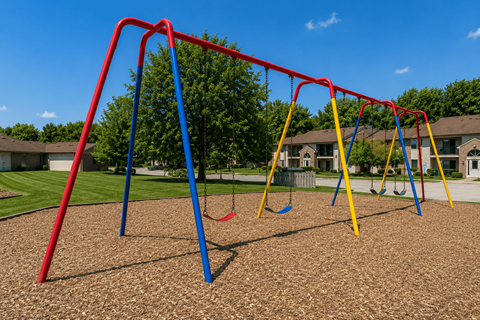 A playground with a red swing set and blue and yellow swings.