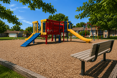 A playground with a slide, swings, and a bench.