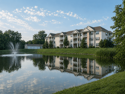 A large building is reflected in a lake.
