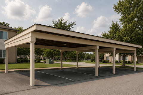 A large covered parking area in front of a building.