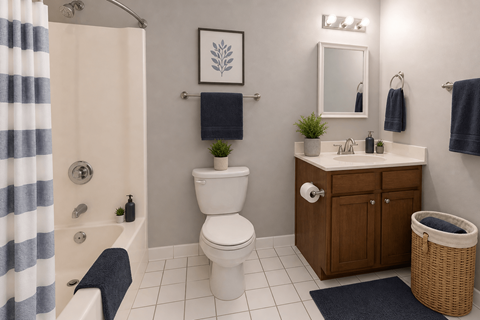 A bathroom with a white toilet, a sink with a mirror, and a shower with a striped shower curtain.