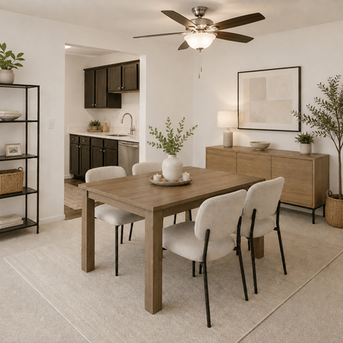 A dining room with a table and chairs.