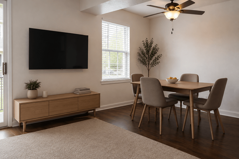 A living room with a television, a table with chairs, and a potted plant.