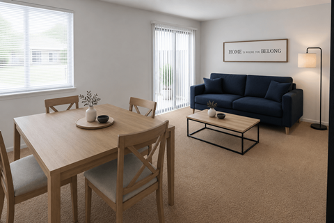 A living room with a sofa, a table, and chairs.