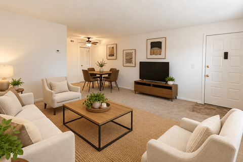 A living room with a white couch, a coffee table, and a television.