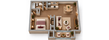A top-down view of a well-furnished apartment layout.