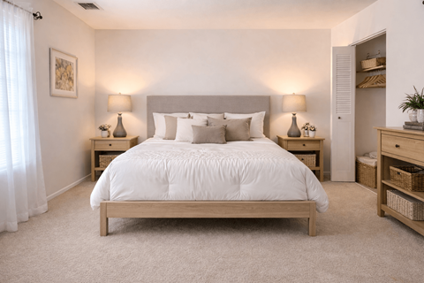 A bedroom with a large bed and two nightstands.