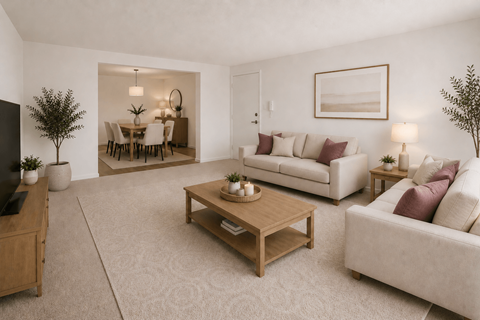 A living room with a white couch, a wooden coffee table, and a dining table with chairs.