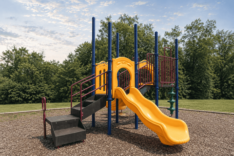 A playground with a yellow slide and a red railing.