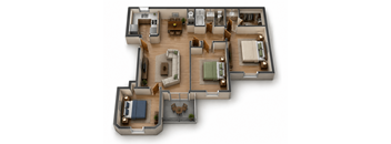 A 3D floor plan of a house with multiple rooms and furniture.