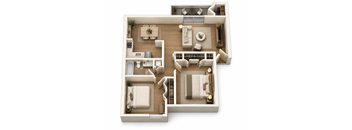 A detailed 3D floor plan of a modern apartment.