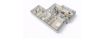 A 3D floor plan of a house with two bedrooms, a living room, a kitchen, and a bathroom.