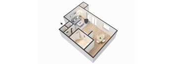 A 3D floor plan of a house with a kitchen, living room, and two bedrooms.