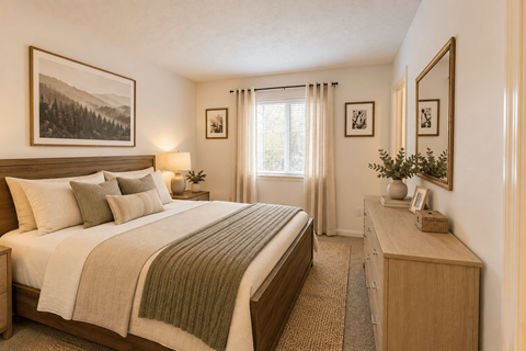 A bedroom with a large bed and a wooden nightstand.