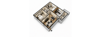 A 3D rendered image of a house layout.