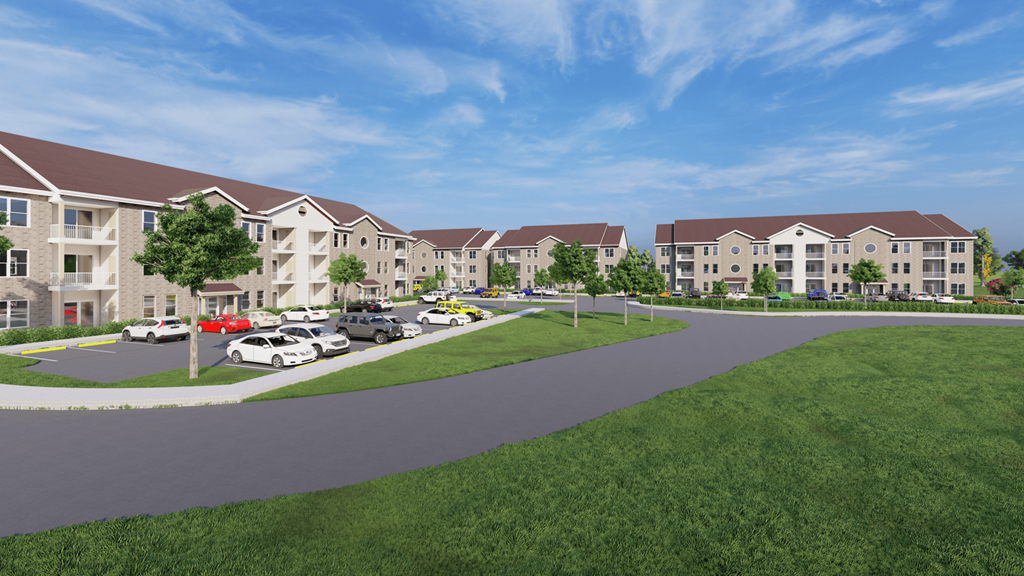 a rendering of an apartment complex with cars parked in front of it