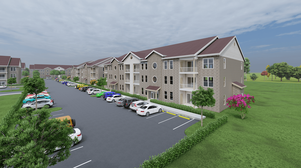 a rendering of an apartment building with cars parked in front of it