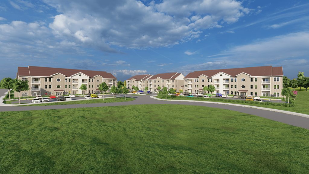 a rendering of an apartment complex with a green lawn and a road