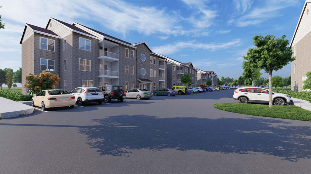 a rendering of an apartment building with cars parked in front of it