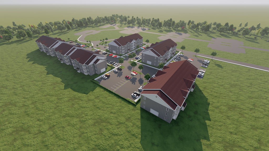 an overhead view of a campus with buildings and a parking lot