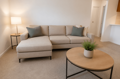 A living room with a beige couch, a small table with a plant on it, and a lamp on a side table.