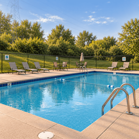A swimming pool surrounded by a fence and lounge chairs.